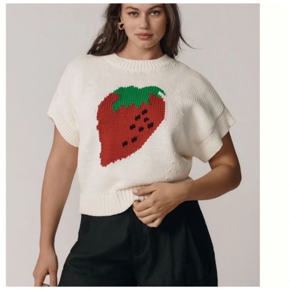 NWT Anthropologie Maeve The Pippa Crew-Neck Strawberry Sweater Cap-Sleeve XL - Picture 1 of 14